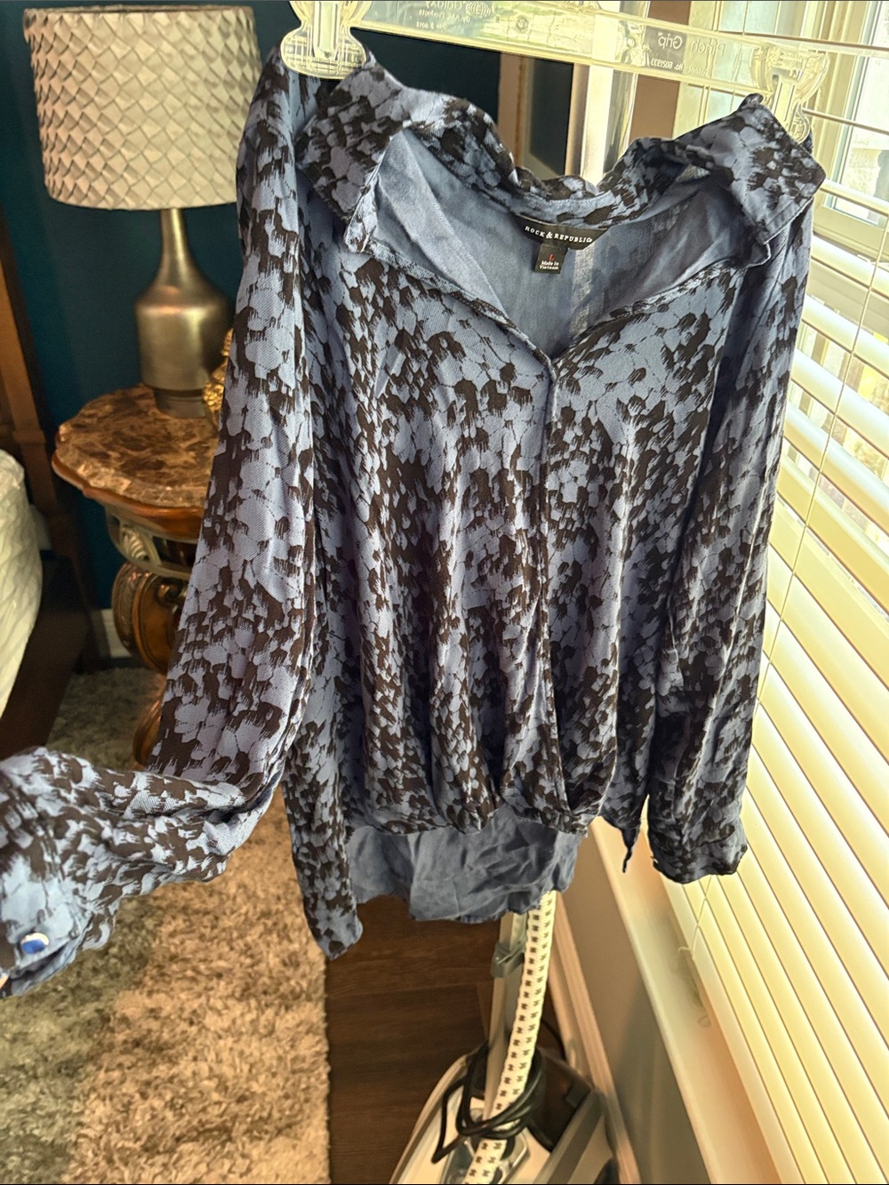 Rock & Republic Slate Blue and Black Satin Patterned Blouse